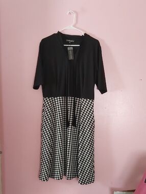 Oxiuly Black & White Houndstooth Fit-and-Flare Midi Dress